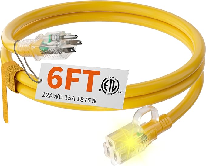 HUANCHAIN 12/3 Gauge Heavy Duty Outdoor Extension Cord 6 ft Waterproof with Lighted end, Flexible Cold-Resistant 3 Prong Electric Cord Outside, 15Amp 1875W 12AWG SJTW, Yellow, ETL