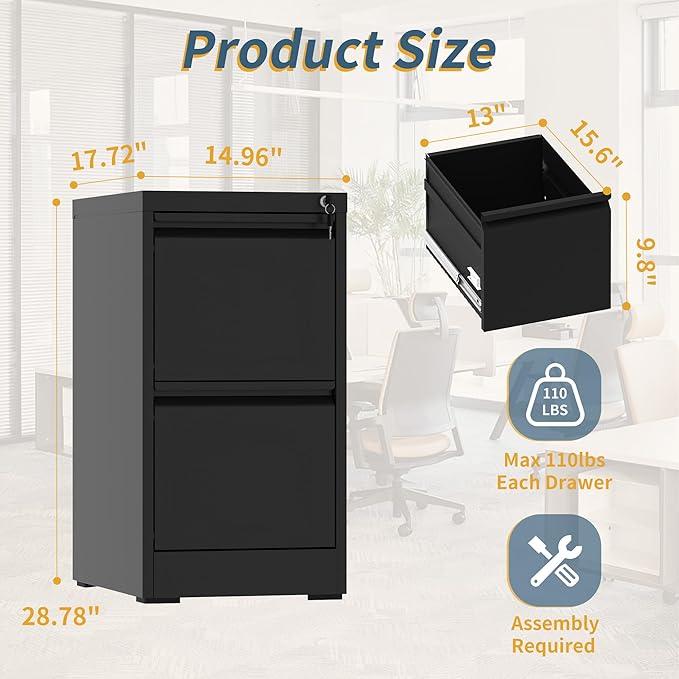 2 Drawer File Cabinet with Lock, Vertical Filing Cabinets for Home Office, Metal Storage Cabinets, Heavy Duty File Cabinet for Letter/Legal/A4/F4 Size Amssebly Required, Black