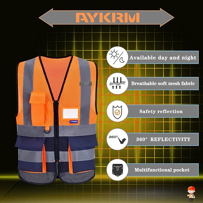 A-SAFETY High Visibility Mesh Safety Reflective Vest with Pockets and Zipper,Hi Vis Viz Reflective Safety Vest(Orange&Navy Mesh XXL)