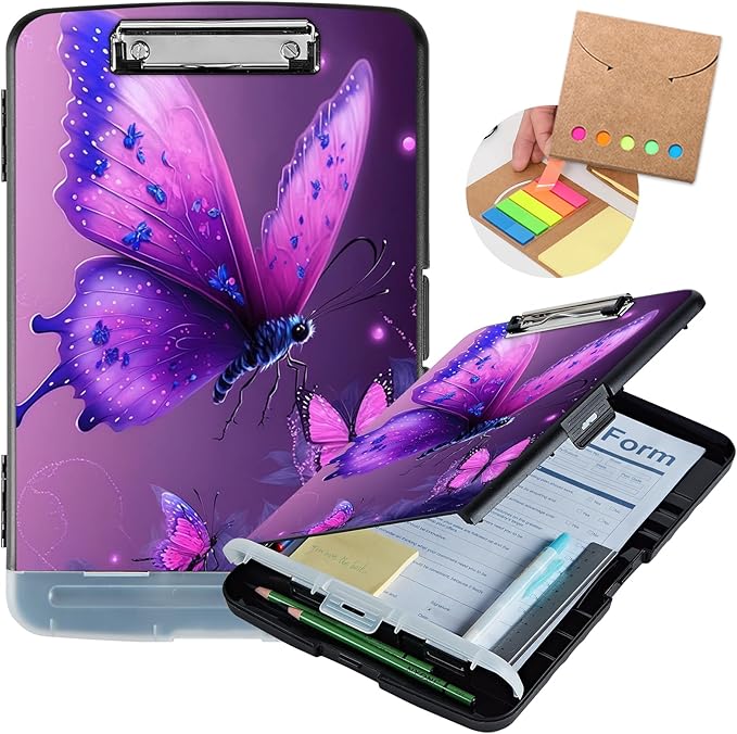 Clipboard with Storage,Heavy Duty Plastic Storage Clipboard with Low Profile Clip,Teacher Must Haves,Office Supplies,Blue Pink Butterfly