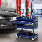 3 Tier Tool Cart on Wheels with Drawers - Three Tier Rolling Cart with Lockable Storage - Mechanic Tool Chest - Tool Chest with Wheels Used in Garage, Indoors, Workshop (Blue)