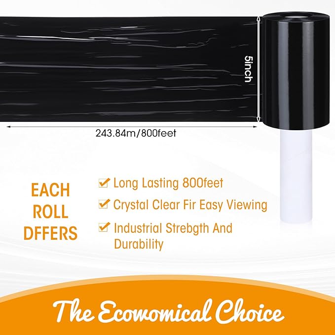 Sherr 5 Inch Stretch Shrink Film Roll Plastic Wrap for Moving Packing with Handle 800 Feet 80 Gauge Thick Industrial Self-adhering for Packaging Furniture Luggage Supplies (Black, 20 Pack)