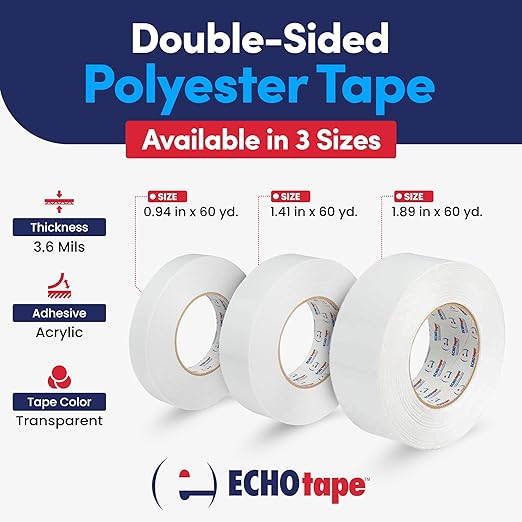ECHOtape DC-M194A | Double-Sided Polyester Tape | Clear Thin Tape | All Weather/Cold Weather Tape | Insulation Mounting Tape | Contractor Tape | Superior Holding Power | 1.41 in x 60 yd