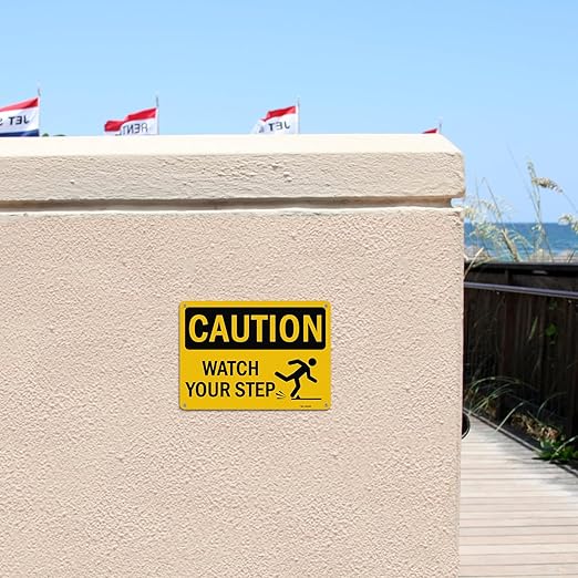 T&R Caution Watch Your Step Signs - 4 Pack - 10 x 7 Inches Rust Free .040 Aluminum -Reflective, UV Protected, Waterproof, Weatherproof and Fade Resistant - 4 Pre-drilled Holes