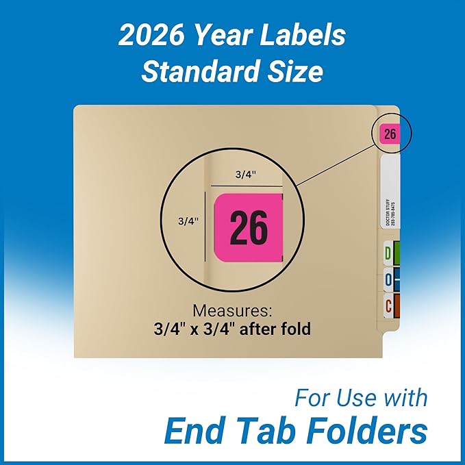 2026 Year Labels, Doctor Stuff 2026 Chart Stickers, Fluorescent Pink Color Coded, USA Made Year Stickers for End Tab File Folders, 500 Labels/Roll in a Dispenser Box, 3/4" x 1-1/2"