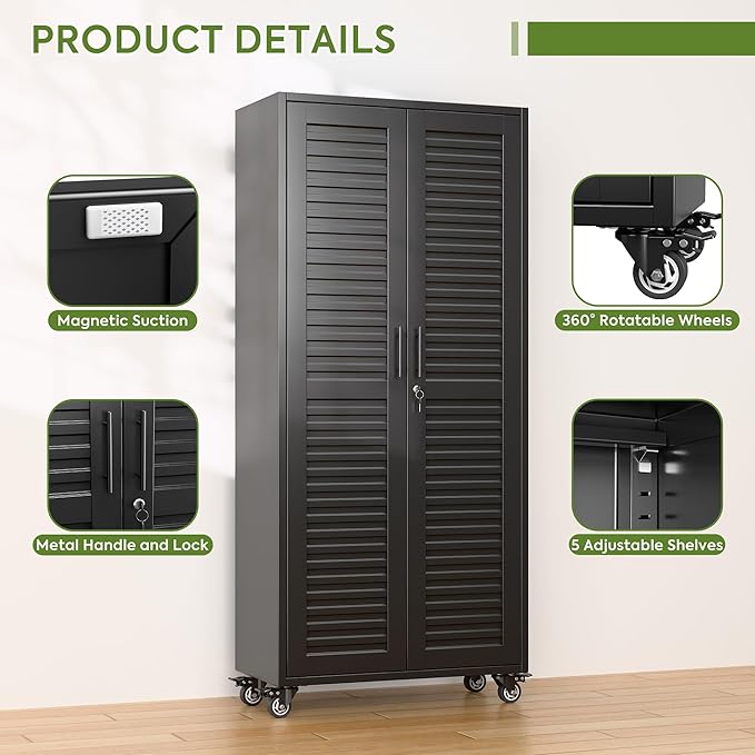 Garage Storage Cabinet with Wheels & Pegboard, Lockable Metal Storage Cabinet with Doors and 5 Adjustable Shelves for Garage Workshop Home, Assembly Required, Black, 70.87"H x 31.5"W x 15.75"D