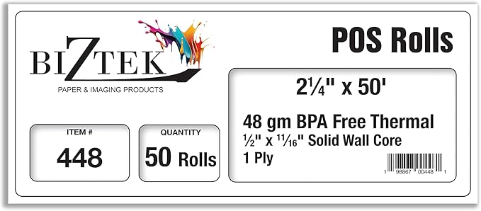 Thermal Paper Receipt Rolls, 2-1/4" x 50', 48 Gram Weight, BPA Free, Grade A, Pure 85 White Paper, Unique Thermal Coating
