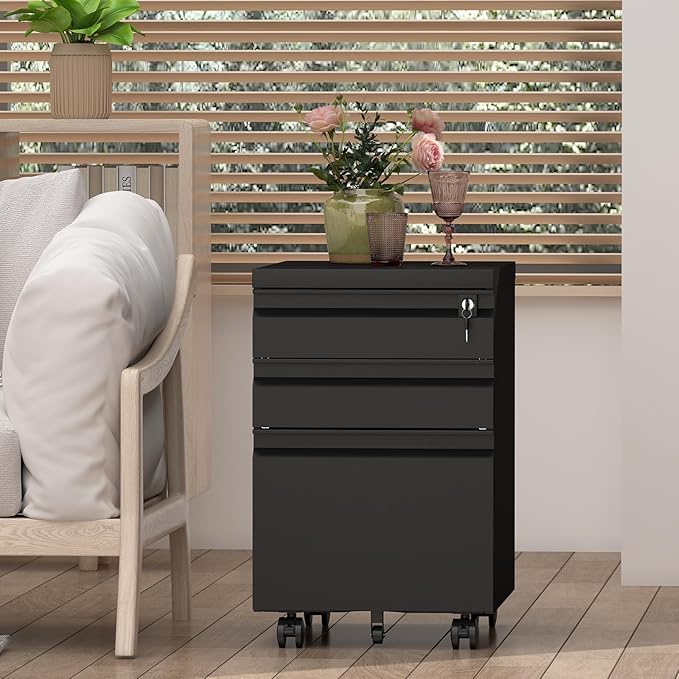 3 Drawer Black File Cabinet with Lock,25.6" H Small Filing Cabinet for Under Desk,Metal Mobile File Cabinet for Home Office Organizer Letters/Legal/A4(Assembly Required)