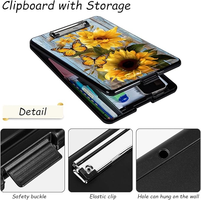 Clipboard with Storage, High Capacity Plastic Storage Clipboard with Low Profile Clip for Women Teachers Work, School & Office Supplies, Cute Pattern Decorative Clipboards, Sunflower Butterfly