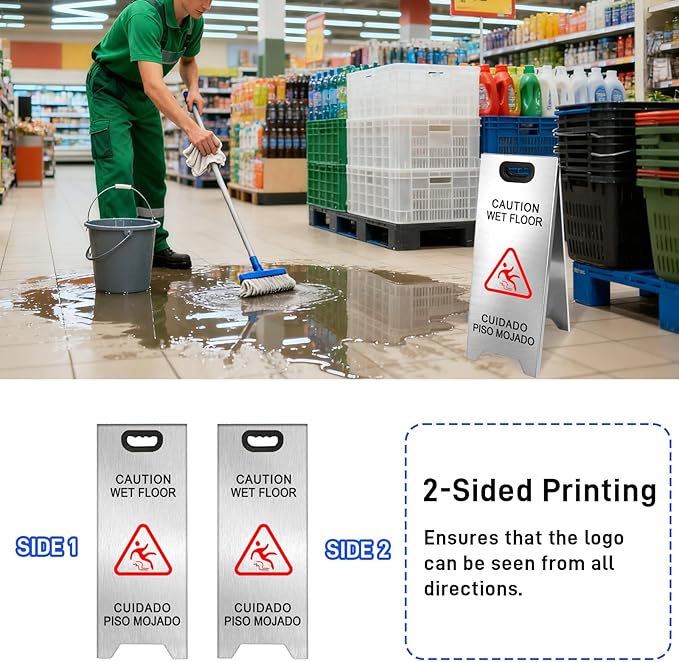 4 Pack Stainless Steel Wet Floor Sign, 24 Inch Caution Wet Floor Sign Portable Foldable Bilingual Safety Warning for Hotel Market Restroom Restaurant Office (Silver)