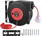 VEVOR Retractable Extension Cord Reel, 50 FT, Heavy Duty 14AWG/3C SJTOW Extension Power Cord with Lighted Triple Tap Outlet, 13A Circuit Breaker 180° Swivel Bracket for Ceiling or Wall Mount, Red