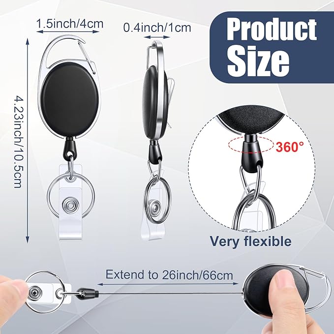 Laumoi Retractable ID Badge Holder Badge Reel with Belt Clip and Key Ring, Name ID Badge Clips Keychain for Office Worker Doctor Nurse Employee(Black,300)