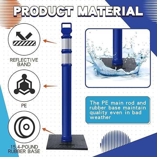 Kanayu 49 Inch Traffic Delineator Posts with 8.8 Lbs Rubber Base PE Delineator Post Portable Parking Pole Traffic Cone Barrier with Removable Base, Reflective Band(4 Packs,Blue)