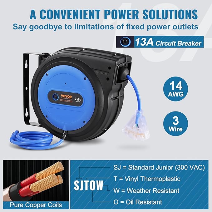 VEVOR 75FT Retractable Extension Cord Reel, 14AWG/3C SJTOW Heavy Duty Power Cord w/Lighted Electrical Triple Tap Outlets, 13A Circuit Breaker,180° Swivel Bracket for Workshop or Garage, Blue