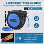 VEVOR 75FT Retractable Extension Cord Reel, 14AWG/3C SJTOW Heavy Duty Power Cord w/Lighted Electrical Triple Tap Outlets, 13A Circuit Breaker,180° Swivel Bracket for Workshop or Garage, Blue