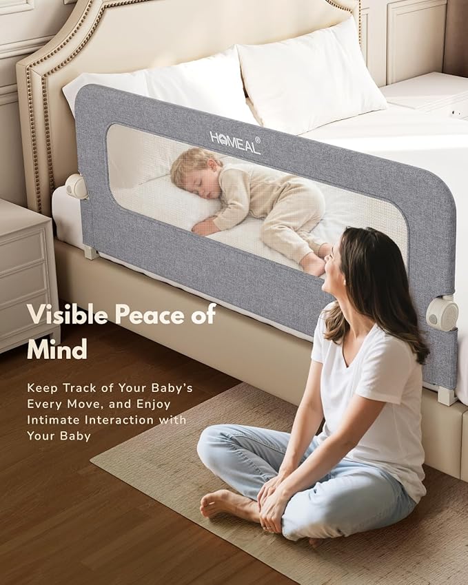 HOMEAL Bed Rail for Toddlers - 59"x24" Extra Long Foldable Toddler Bed Rails for King, Queen, Twin, Full, Double Bed - Breathable Guard Rail for Toddlers with U-Shape Base, Grey