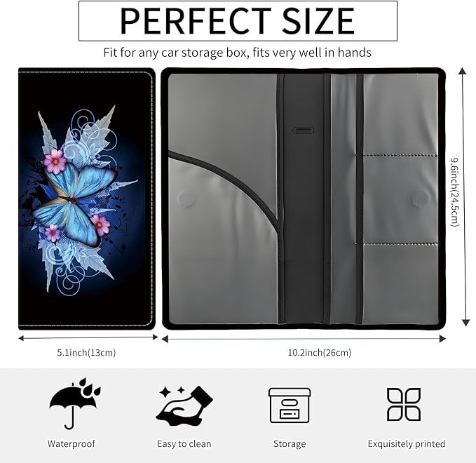 Premium Car Registration and Insurance Card Holder, Cute PU Leather Car Document Holder, Vehicle Glove Box Car Organizer with Magnetic Closure for Driver License, Cards Retro Blue Butterfly