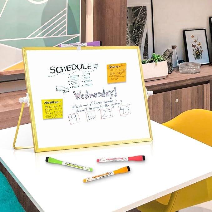 Magnetic Dry Erase White Board, 16" x 12" Double-Sided Golden Aluminum Frame Desktop Whiteboard with Stand, Portable Small Whiteboard Set for Drawing, Office, Home, School