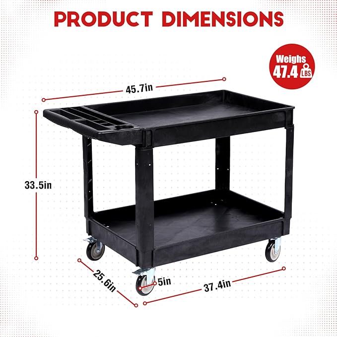 Industrial 2-Shelf Rolling Cart, 550 lbs Capacity Utility Cart with Locking Wheels, Large Plastic Service Cart for Warehouse Garage Workshop Kitchen Commercial Use, Black