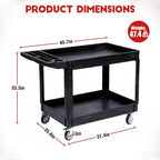 Industrial 2-Shelf Rolling Cart, 550 lbs Capacity Utility Cart with Locking Wheels, Large Plastic Service Cart for Warehouse Garage Workshop Kitchen Commercial Use, Black