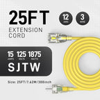 25FT 12/3 Gauge Heavy Duty Outdoor Extension Cord Waterproof, Weatherproof -58°F to 140°F with Lighted Outlet & Press-Release Lock, 15A 1875W 3 Prong, SJTW Electrical Power Cord, ETL Listed (Yellow)