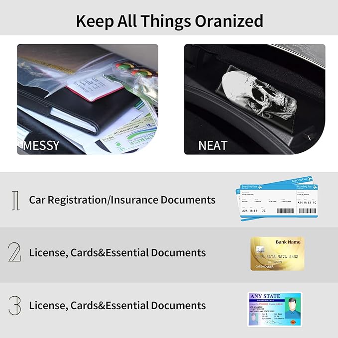 Car Registration and Insurance Holder, Leather Car Glove Box Organizer, Cool Car Accessories for ID, Driver's License Cards & Essential Document,business cards,Men&WomenBlack White Skull