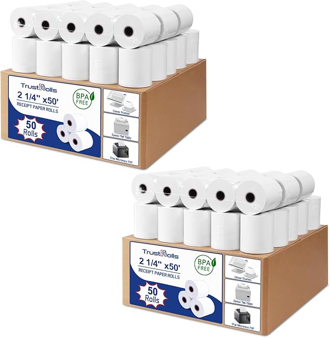 (100 Rolls) Premium 2 1/4 x 50 Thermal Paper Rolls - BPA Free Credit Card Receipt Paper, Suitable for POS & ATM Systems