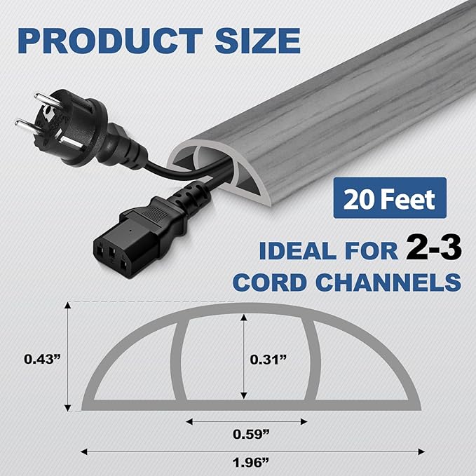 Floor Cord Cover for Wires on Floor Self Adhesive Cord Hider Floor Cable Management Wire Covers for Cords Protector Prevent Cable Trips Cord Cavity W 0.59" x H 0.31", Gray Wood, 20Ft