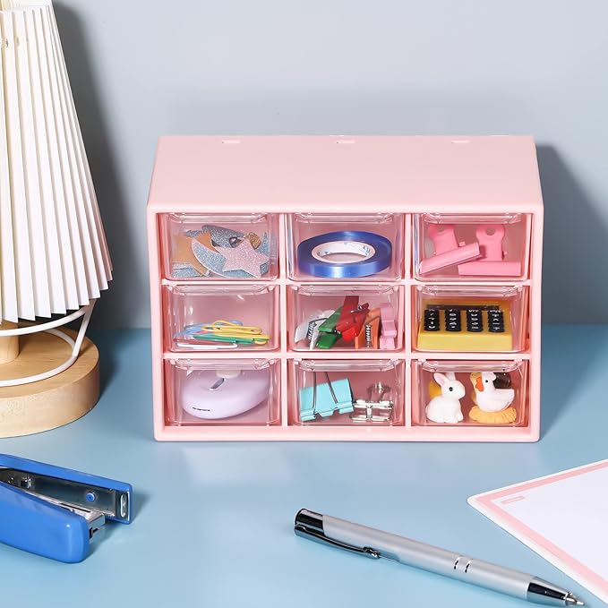 Amyhill 6 Pcs Mini Drawer Organizer Small Organizer with 9 Drawers Plastic Desktop Craft Storage Box for Office Home Room Jewelry Cosmetics Collection(Pink)