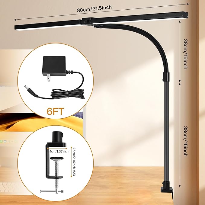 Double Head LED Desk Lamp with Timer of Remote Control 24W Brightest Computer Desk Light Office Lamp for Workbench Drafting Architect Study Reading Gaming with Anti-Glare Cover