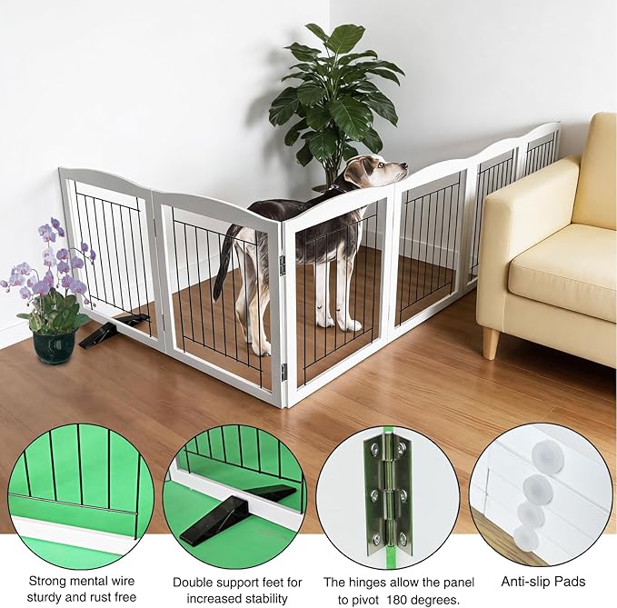 Dog Fence Indoor - 6-Panel Freestanding Dog Gate for Doorways, Hallways, House or Stairs -120x32-Inch Retractable Foldable Expandable Wood Pet by SFJC (White)