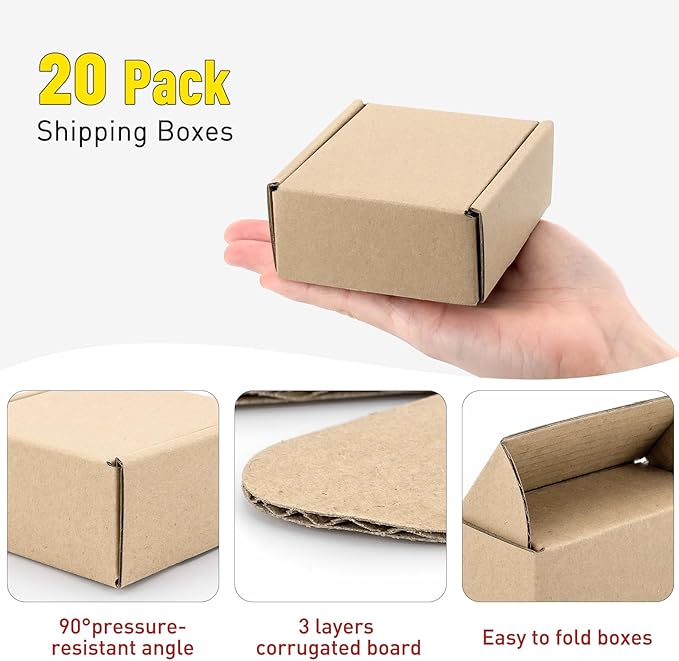 Ellbest 20pcs Mini Packing Boxes, Kraft Paper Boxes, 1.5 mm Thick for shipping, Storaging Small items, 3.38 * 3.38 * 1.53 inches Kraft Brown Boxes for Storage