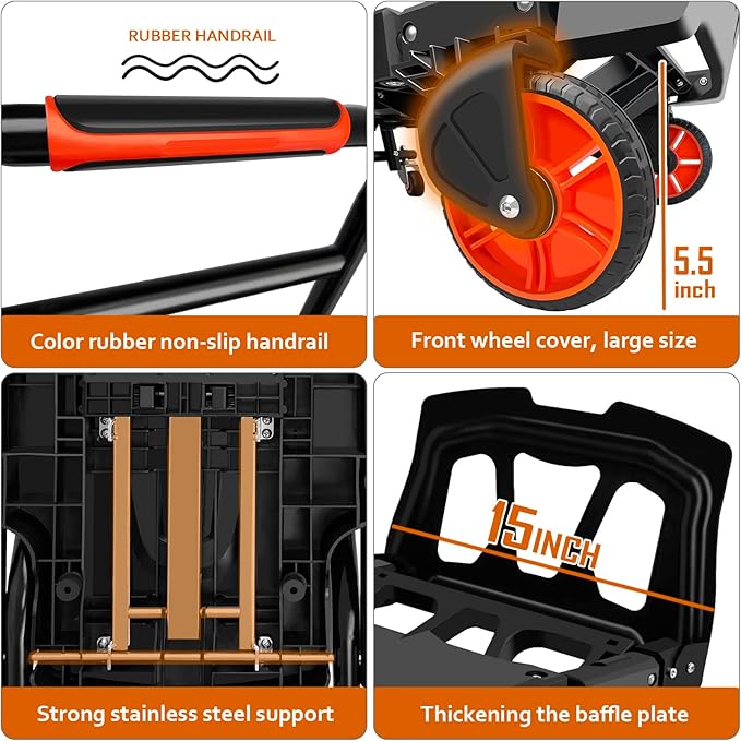 Folding Hand Truck, Dolly Cart Heavy Duty with 440lbs Capacity & 4 Wheels, Portable Hand Truck Dolly, 2in1 Transform Hand Cart, Collapsible Small Platform Cart for Home/Office/Travel Use, Easy Storage