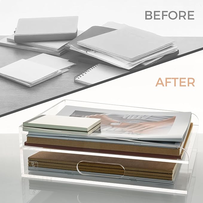 2-Tier Clear Acrylic Paper Trays, Desk File Organizer, A4 Paper Holder, Low-Profile Desk File Sorter for Office/Home, Clear Stackable Letter Tray for Bills, Crafts, Notebooks - Vertical