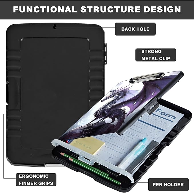 Clipboard with Storage,Storage Clipboard with Pen Holder,Heavy Duty Plastic Storage Clipboard with Low Profile Clip, Clipboard Folder, Teacher Must Haves, Office Supplies,Purple Dragons