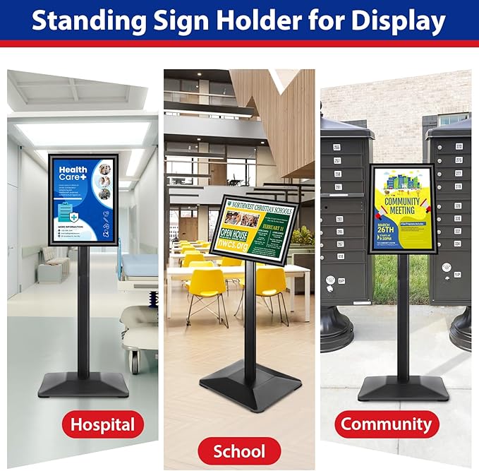 Pedestal Sign holder Stand 8.5x11inch Adjustable Standing Floor Sign Stand with Heavy Base & Snap Frame Display Stand for Indoor Outdoor Business Store Sign Holder Poster Stand (Black)
