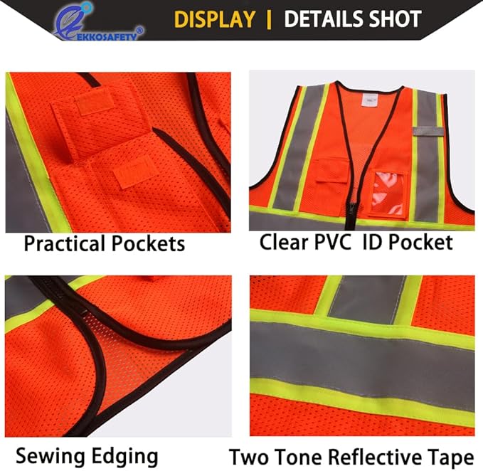 Safety Vest for Men Women Reflective with 5 Pockets and Zipper Front Mesh High Visibility Vest Hi Vis Construction Work Vest,Meets ANSI/ISEA Standards(EK175-Orange-L)