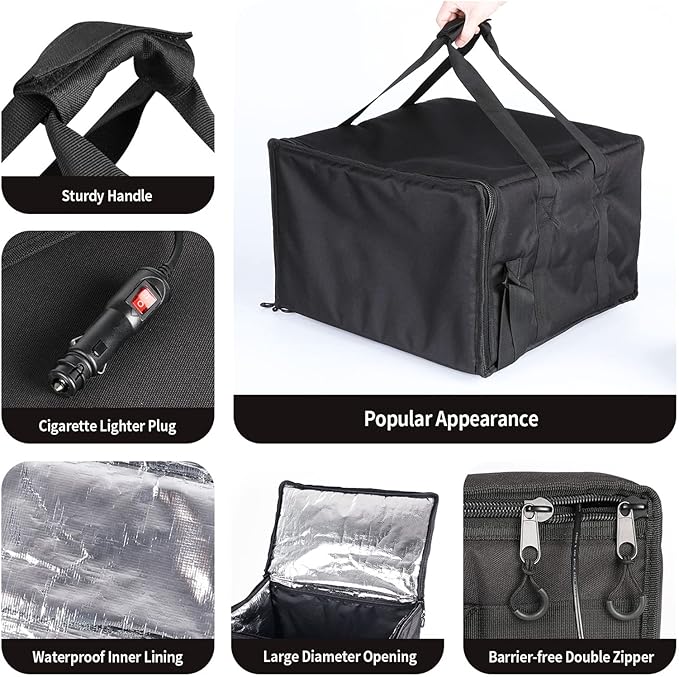 Insulated Heated Delivery Bag with Handle - Portable Microwave Food Warmer, Collapsable Grocery Boxes - Picnic Lunch Pizza Container for Food Transport