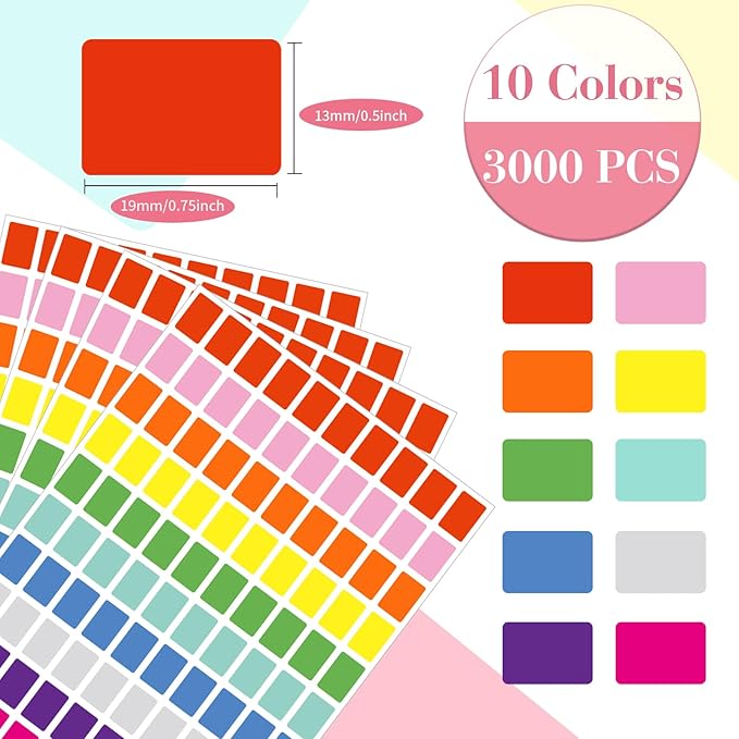 Starboling Color Coding Labels,3000 PCS 1/2" x 3/4" 10 Colors Rectangular Colored Labels Stickers,for Garage Sale,Price Tags,File Folder Tabs,and Classroom Organization