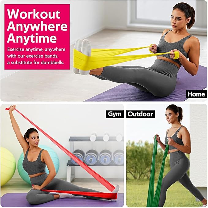 18PCS Resistance Bands Bulk, Non-Latex Physical Therapy Bands, Professional Flat Bands for Trainers, Pilates & Home Gym Full Body Workout, Strength Training, Includes 6 Sets with Carry Bags