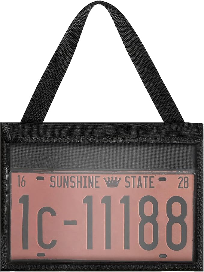 Frienda 2 Pieces License Plate Holder with Hanging Strap Dealer Plate Holder Test Drive Tag Bag Black Frame Cover and Bracket for Car SUV Truck