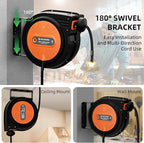 80FT Retractable Extension Cord Reel, 14 AWG/3C SJTOW Heavy Duty Power Cord with Lighted Triple Outlet, 13A Circuit Breaker, 180° Swivel Wall/Ceiling Mount Retractable Cord Reel, ETL Listed, Orange