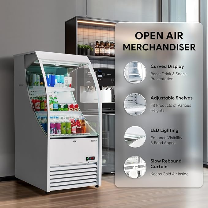 Wilprep Commercial Display Refrigerator, 27" Open Air Merchandiser with 6.7 cu. ft. Volume LED Lighting Night Curtain, Grab and Go Display Refrigerator Showcase for Store Cafe Bar Shop