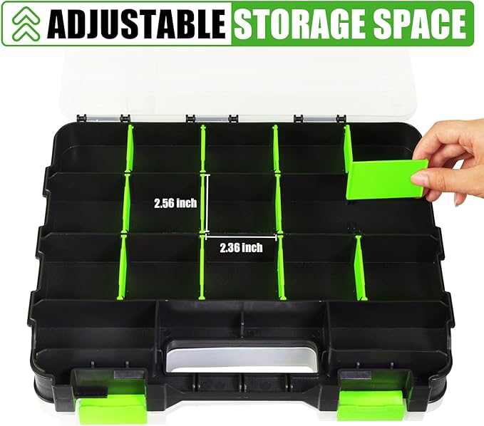 Generic Tool Box with Transparent Lid, Double Side 34-Compartments Organizer Box with Removable Dividers for Hardware, Screws, Bolts, Nails, Beads, Jewelry and Fishing Accessories, Green, 2 Packs