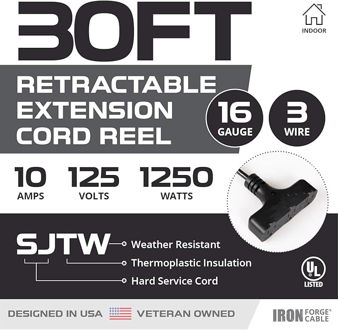 Iron Forge Cable 30 Ft Retractable Extension Cord Reel with Breaker Switch & 3 Outlets Pigtail, Metal Plate Ceiling/Wall Mount Hanging Extension Cord Reel 16/3 SJTW Retractable Cable for Garage & Shop