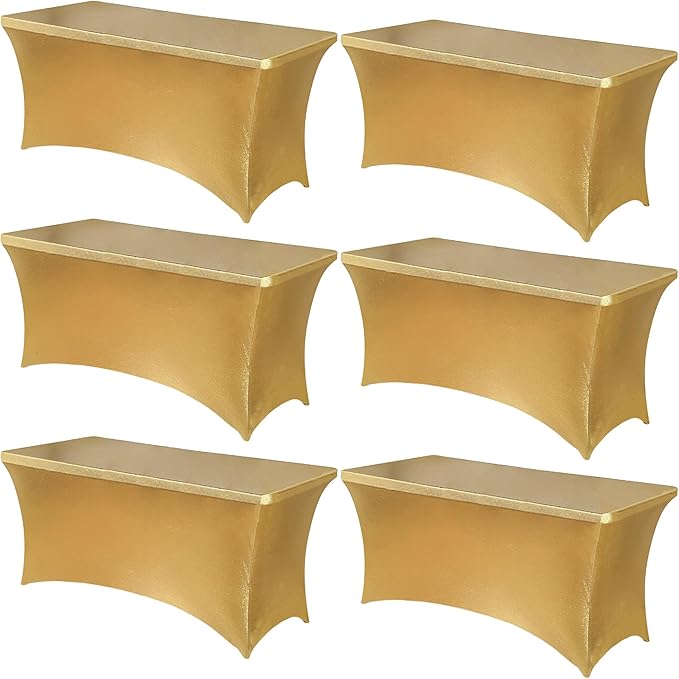 Obstal 6 Pack Stretch Spandex Table Covers for 6 Foot Tables - 6 FT Universal Rectangular Fitted Tablecloth Protector for Wedding, Banquet, Party (Stamping Gold, 72 L x 30 W x 30 H Inches)