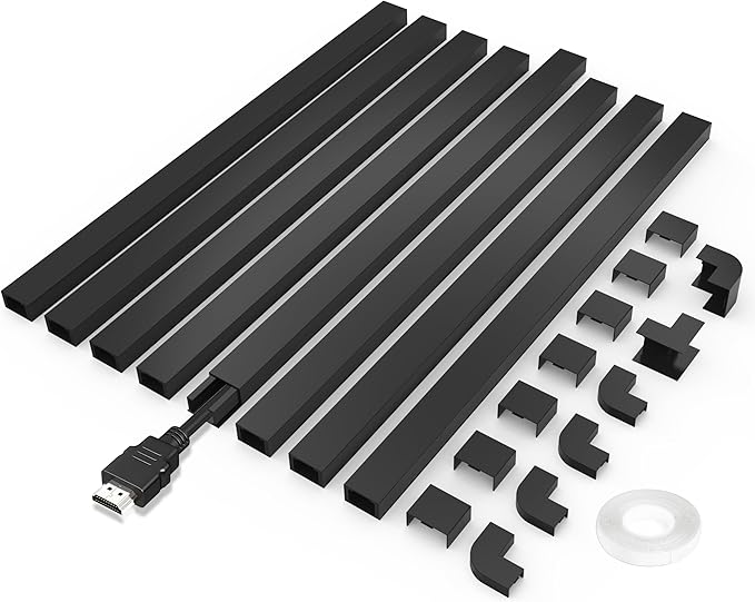 Small Cable Concealer - One-Cord Channel Cable Management System - Compact Cord Cover for Home and Office, 8-Pack 125 inch, Black