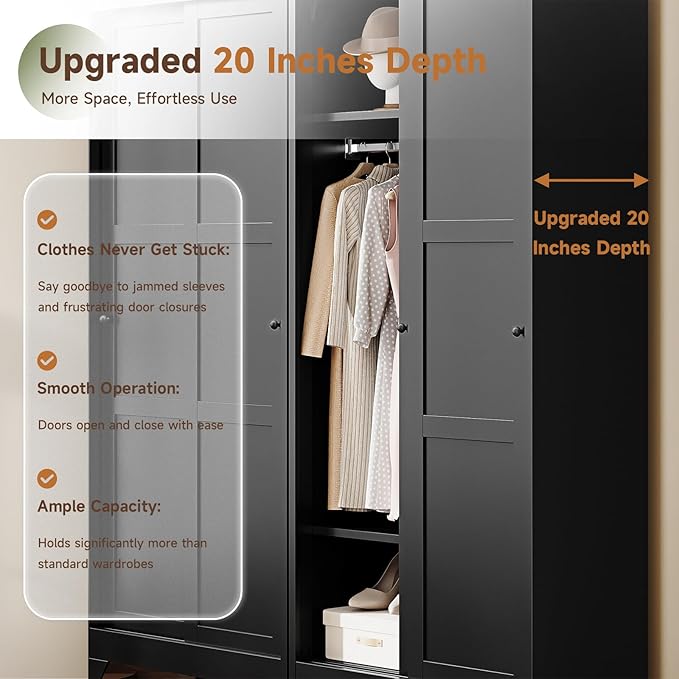 Letaya Metal Wardrobe Cabinets,68" Tall Armoire Wardrobe Closet with Sliding Barn Doors and Shelves,Large Coat Closet Cabinet with Hanging Rod,Clothing Storage Cabinets for Home Room (Black)