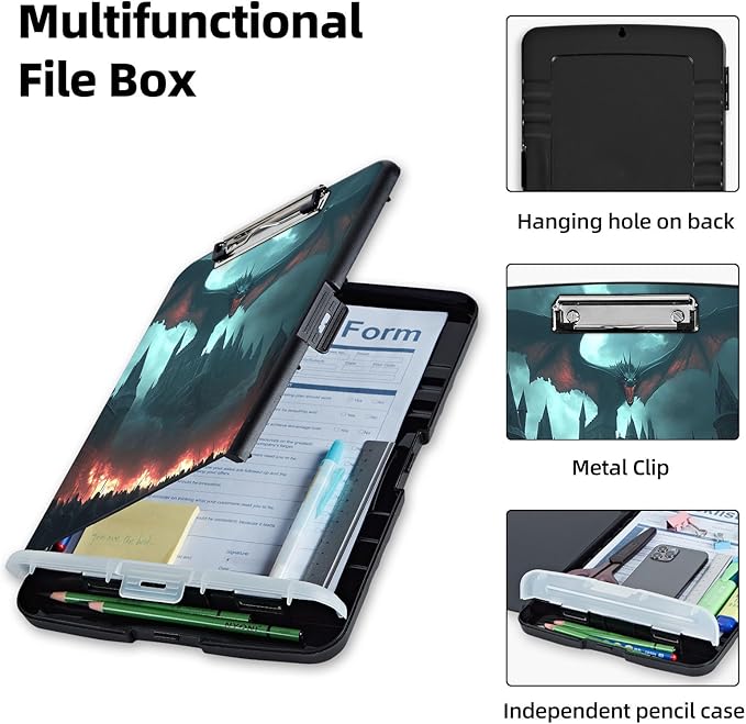 Clipboard with Storage Box & Pen Holder,Heavy Duty Clip Boards 8.5x11 for Nursing,High Capacity,School & Office Supplies,Dragon Castle Fire