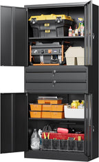 Letaya Metal Garage Storage Cabinet,71" Heavy Duty Steel Tool Cabinet with 4 Door Lock-Adjustable Shelves and 2 Drawer for Garage Home Office Utility Room (Black)